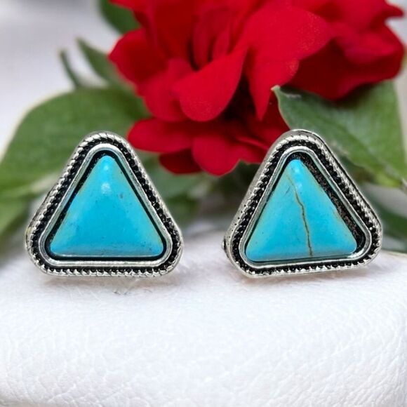 Triangle Turquoise Stud Earrings Boho-Chic Tribal Western Pierced Womens Jewelry - Picture 3 of 3